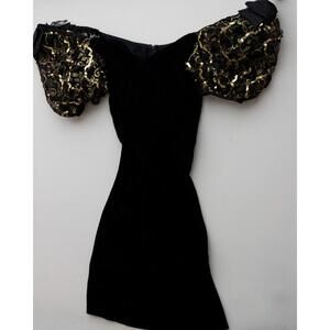 Roberta Black Velvet Cocktail Dress Gold Puff Sleeves Size 10 NWT